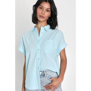 Lulus Weekday Darling Light Blue Short Sleeve Button-up Top - Size S